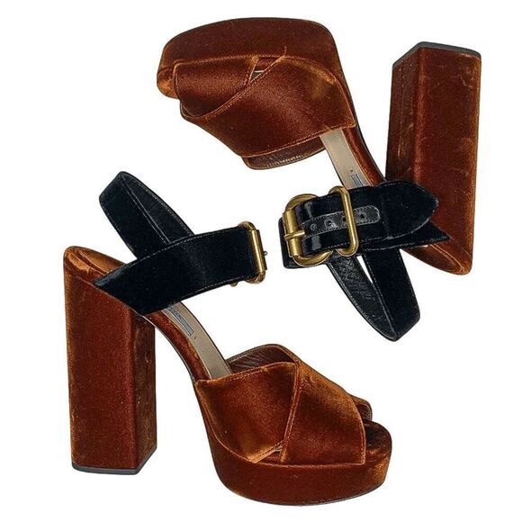 Prada Two-Tone Platform Velvet Strappy Sandals EU 38.5 Orange Chunky High Heel - Picture 5 of 11